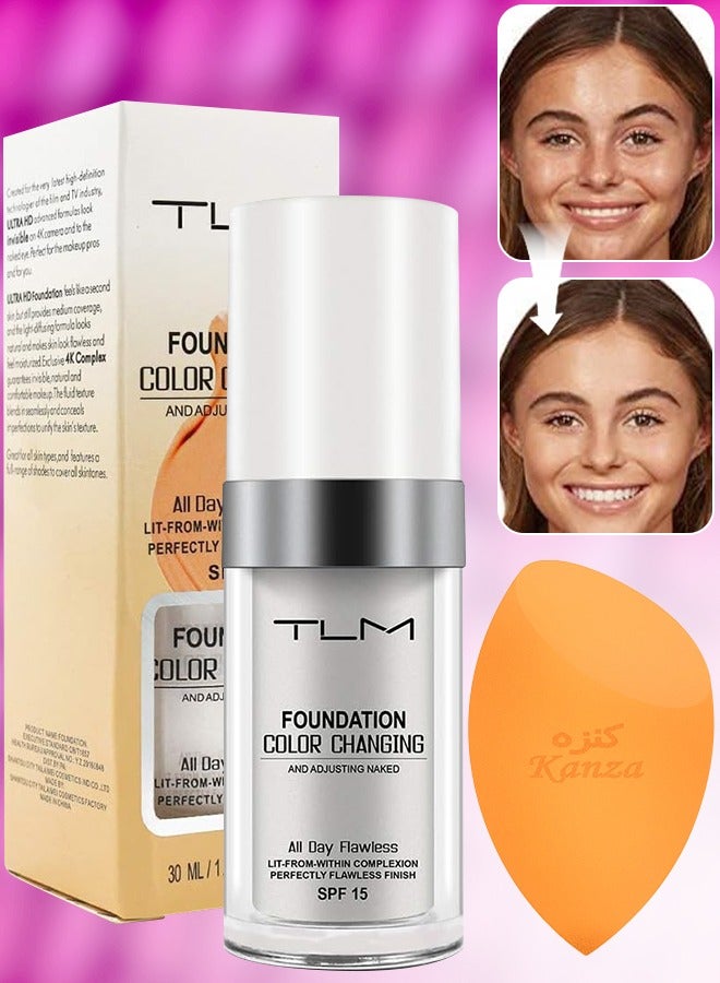 TLM Color Changing Liquid Foundation with Makeup Sponge Oil Control Face Cover Concealer Natural Color Face Primer Base Face Cream Concealer Cover Cream Moisturizing Liquid Foundation 30ml - Image 1
