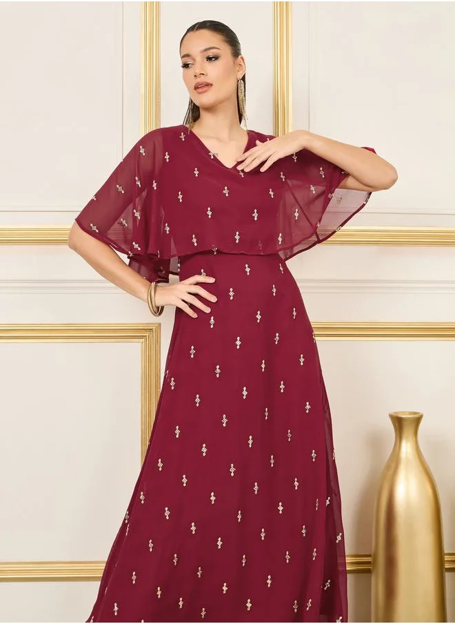 Styli Embellished Cape Style A-Line Maxi Dress