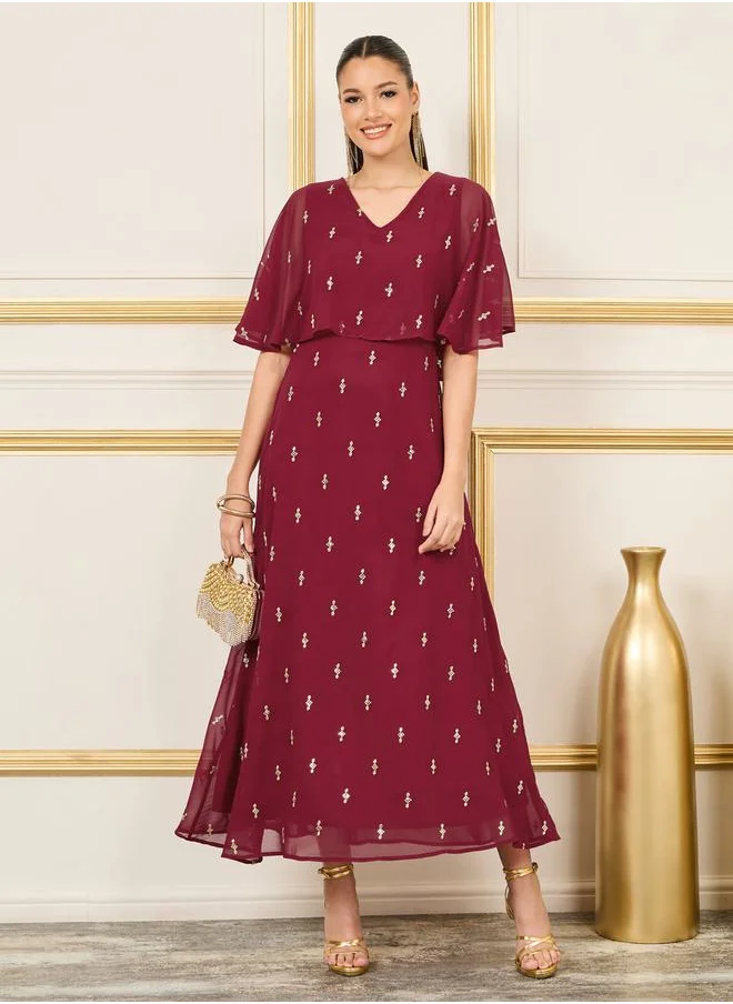 Styli Embellished Cape Style A-Line Maxi Dress