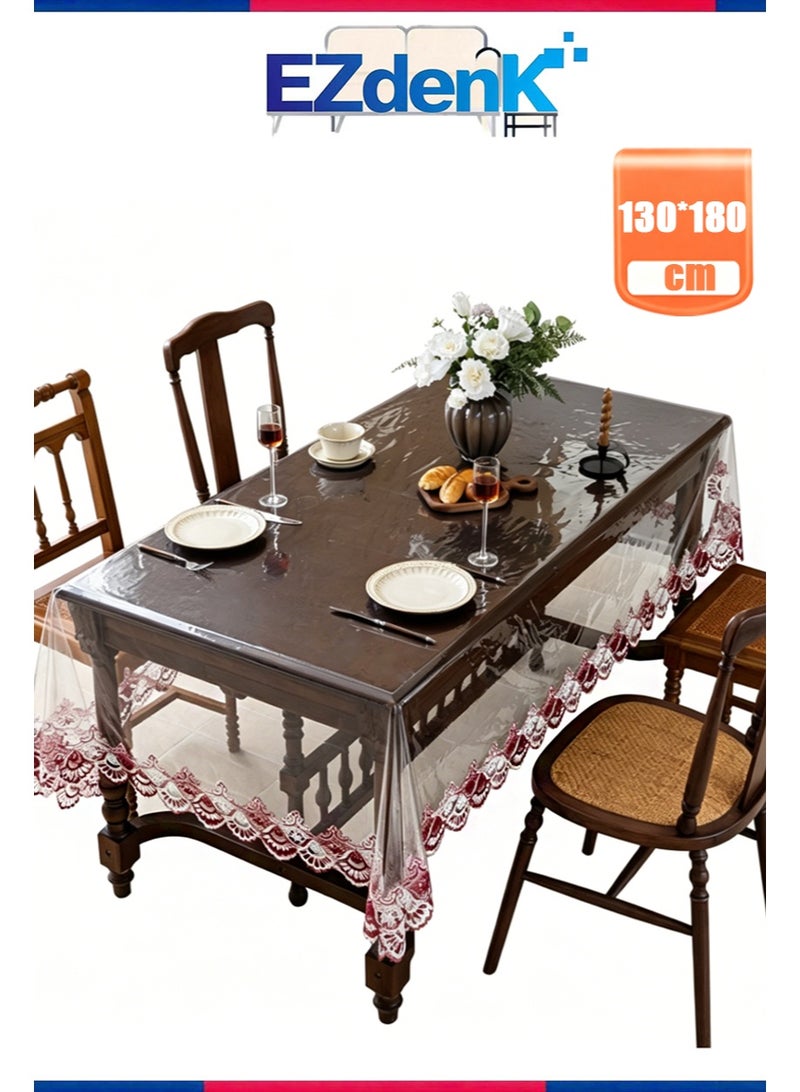 EZdenK 130*180cm Clear Table Cover Protector Vinyl PVC Rectangle Table Cloth with floral embroidery and lace trim Oil Proof Wipe-able Plastic Tablecloths for Dining Tables Parties Holidays (Burgundy) - Image 1