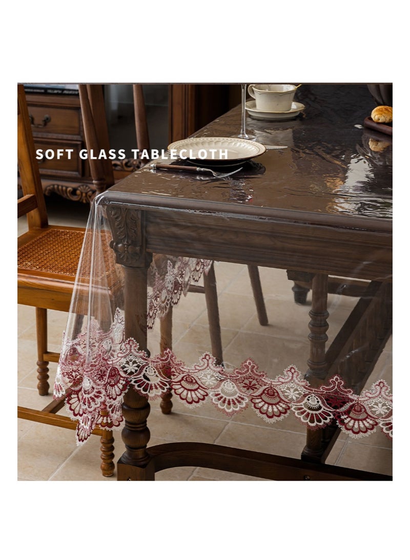 EZdenK 130*180cm Clear Table Cover Protector Vinyl PVC Rectangle Table Cloth with floral embroidery and lace trim Oil Proof Wipe-able Plastic Tablecloths for Dining Tables Parties Holidays (Burgundy) - Image 5