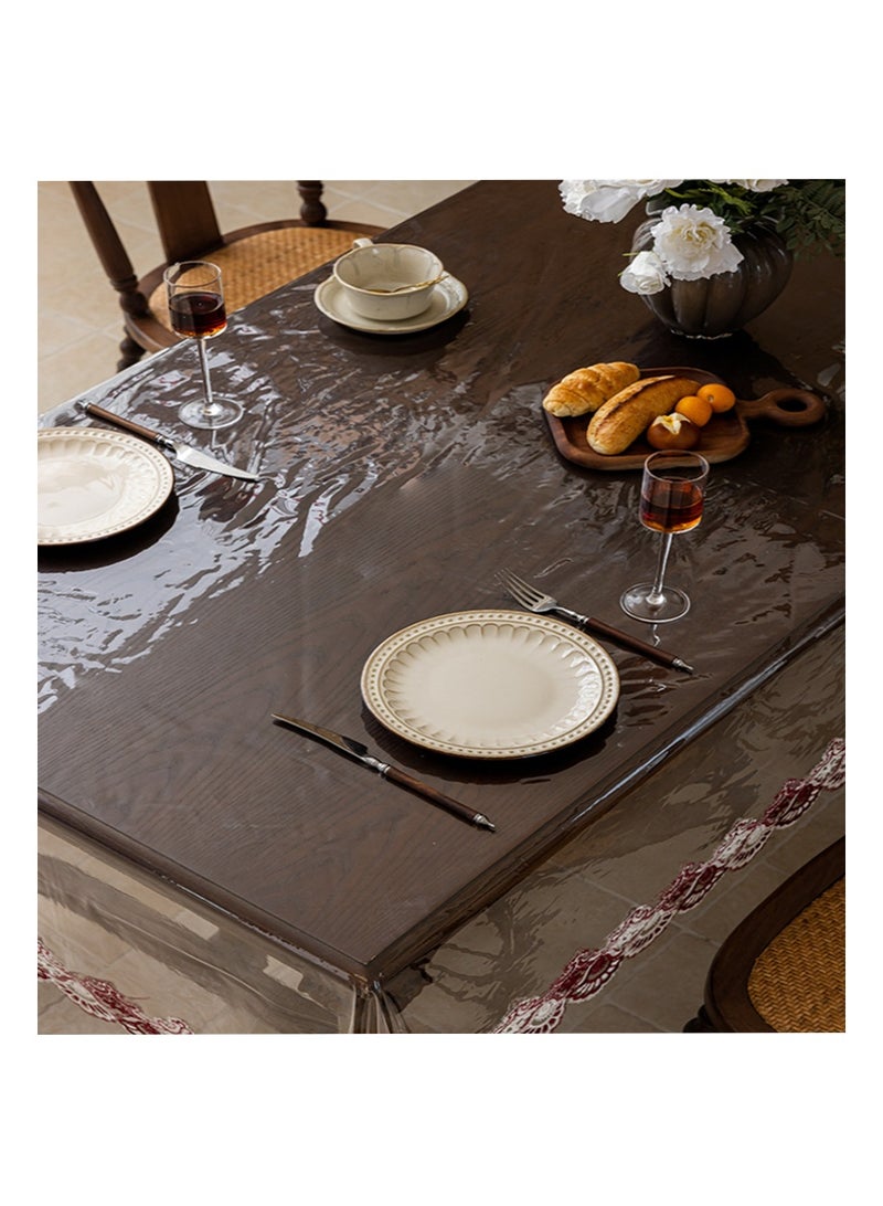 EZdenK 130*180cm Clear Table Cover Protector Vinyl PVC Rectangle Table Cloth with floral embroidery and lace trim Oil Proof Wipe-able Plastic Tablecloths for Dining Tables Parties Holidays (Burgundy) - Image 4