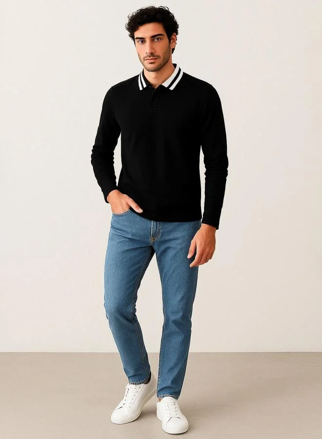 Take Two Black Contrast Tipping Long Sleeves Polo By The Dry State