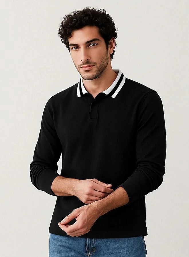 Take Two Black Contrast Tipping Long Sleeves Polo By The Dry State