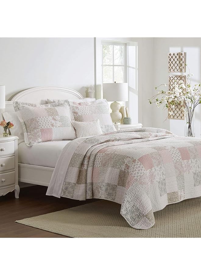 LAURA ASHLEY - Home King Quilt Set Cotton Reversible Bedding With Matching Shams Home Decor Ideal For All Seasons Celina Patchwork Pink Sage King - Image 1