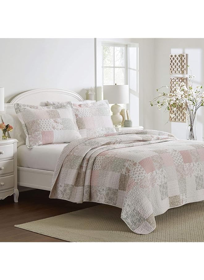 LAURA ASHLEY - Home King Quilt Set Cotton Reversible Bedding With Matching Shams Home Decor Ideal For All Seasons Celina Patchwork Pink Sage King - Image 1