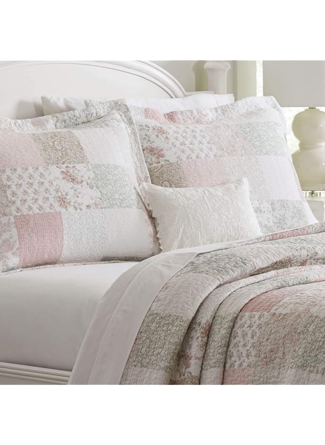 LAURA ASHLEY - Home King Quilt Set Cotton Reversible Bedding With Matching Shams Home Decor Ideal For All Seasons Celina Patchwork Pink Sage King - Image 1