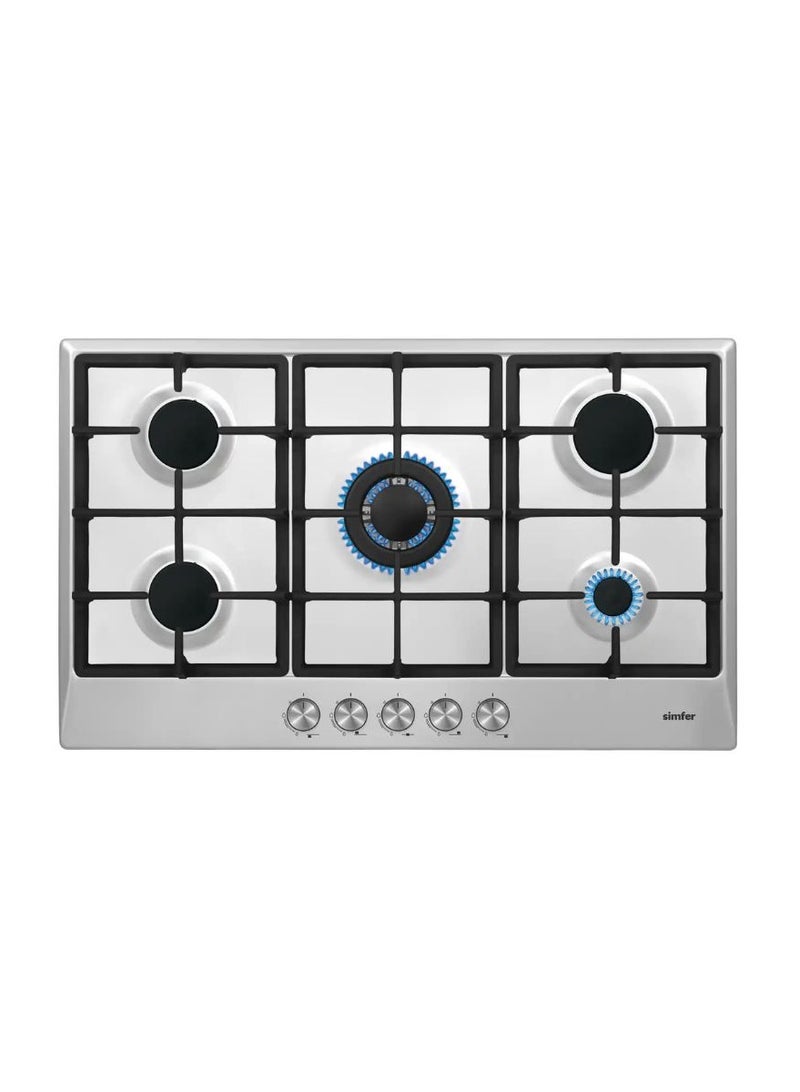 Gas Hob 90 cm | 5 Burner Built In Gas Cooktop | Stainless Steel Surface | Euro Pool Burners | FFD Safety System | Auto Ignition | Cast Iron Pan Support | Front Control Knobs | SMF907BH-SC