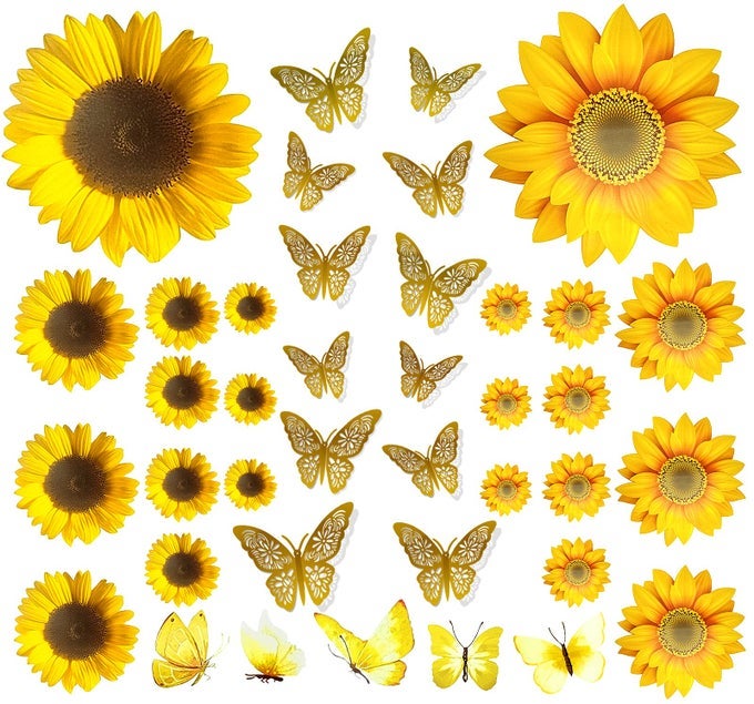 39PCS SUNFLOWER WALL STICKERS 3D GOLD BUTTERFLY WALL STICKERSPEEL AND STICK YELLOW SUNFLOWER WALL DECORREMOVABLE WATERPROOF WALL DECALS FOR LIVING ROOM BATHROOM BEDROOM DECORATION