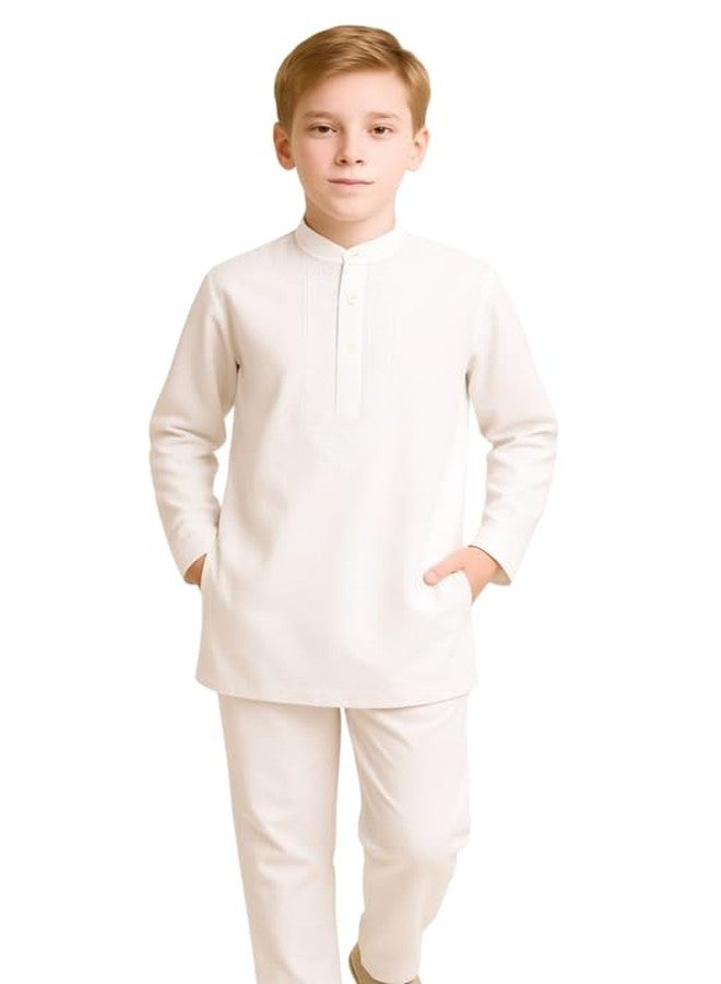 Malvina مجموعة ملابس كورتا باجاما بيضاء للأطفال مالفينا للأولاد | ملابس هندية تقليدية للمهرجانات، حفلات الزفاف والحفلات - مزيج قطن (3-4 سنوات) - Image 2
