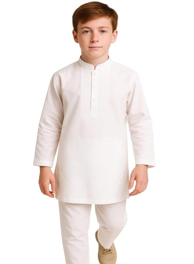 Malvina مجموعة ملابس كورتا باجاما بيضاء للأطفال مالفينا للأولاد | ملابس هندية تقليدية للمهرجانات، حفلات الزفاف والحفلات - مزيج قطن (3-4 سنوات) - Image 1