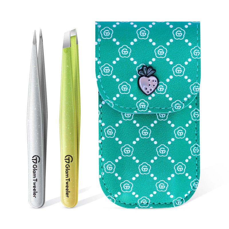GlamTweeler Expert Slant and Point Tip Tweezer Set with Exclusive Storage Carrying Case GlamTweeler Sharp Precision Tweezer Set for Eyebrows Facial Hairs Fine Hairs Removal Sparkle Apple Green Silver - Image 2