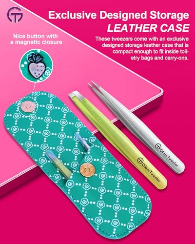 GlamTweeler Expert Slant and Point Tip Tweezer Set with Exclusive Storage Carrying Case GlamTweeler Sharp Precision Tweezer Set for Eyebrows Facial Hairs Fine Hairs Removal Sparkle Apple Green Silver - Image 3