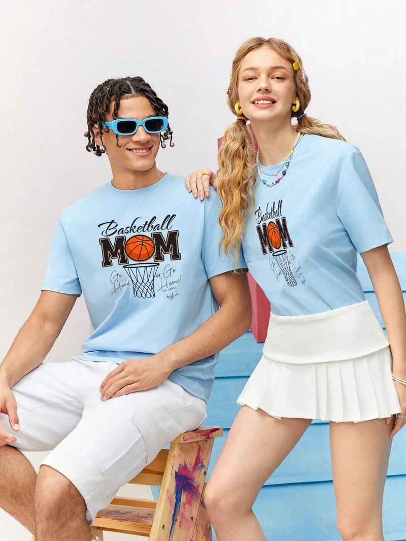 دوغ فش Lover Combination Couple Basketball Mom Mothers Day Printed Oversize Cotton T-Shirt 2-Piece
