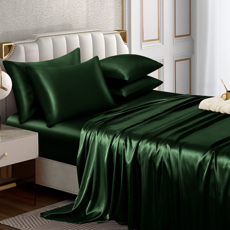 Horbaunal 6 Piece Satin Sheet Set Full Size Luxury Silky  Soft Emerald Green Satin Full Bed Sheet Set with 16 Deep Pocket 1 Fitted Sheet 1 Flat Sheet 4 Pillowcases