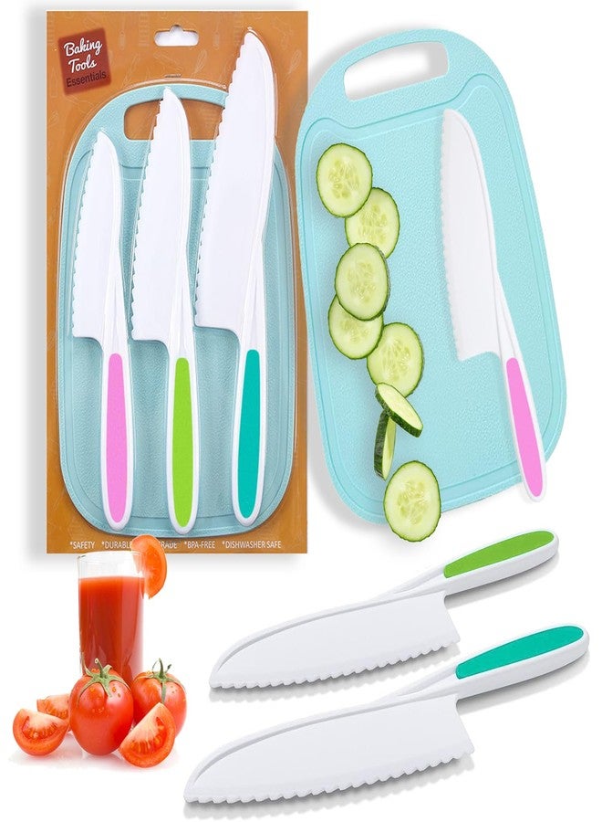 GONEJALL Kids Knife Set for Real Cooking, 4 Pieces Toddler Knife Set, Nylon Kitchen Baking Knife with Cutting Board, Firm Grip, Serrated Edges Kids Knives for Cutting Cakes, Fruit, Veggies & Bread - Image 1