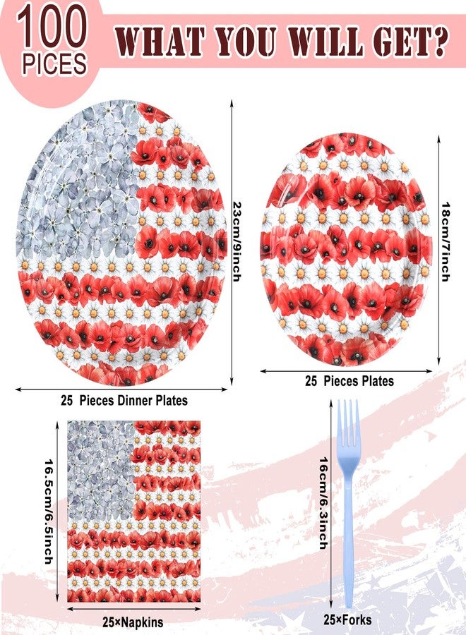 Vesici 100 Pcs Patriotic Party Supplies Set Disposable Dinner Paper Plates, Napkins, and Forks American Flags Design Memorial Day Party Supplies for 4th of July Memorial Day Decorations Serve 25 - Image 2