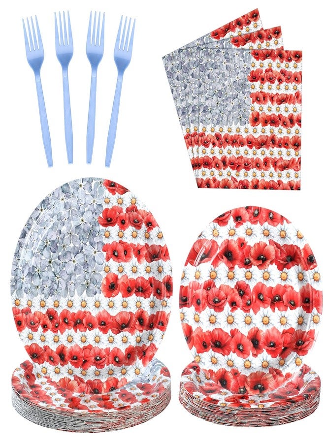 Vesici 100 Pcs Patriotic Party Supplies Set Disposable Dinner Paper Plates, Napkins, and Forks American Flags Design Memorial Day Party Supplies for 4th of July Memorial Day Decorations Serve 25 - Image 1