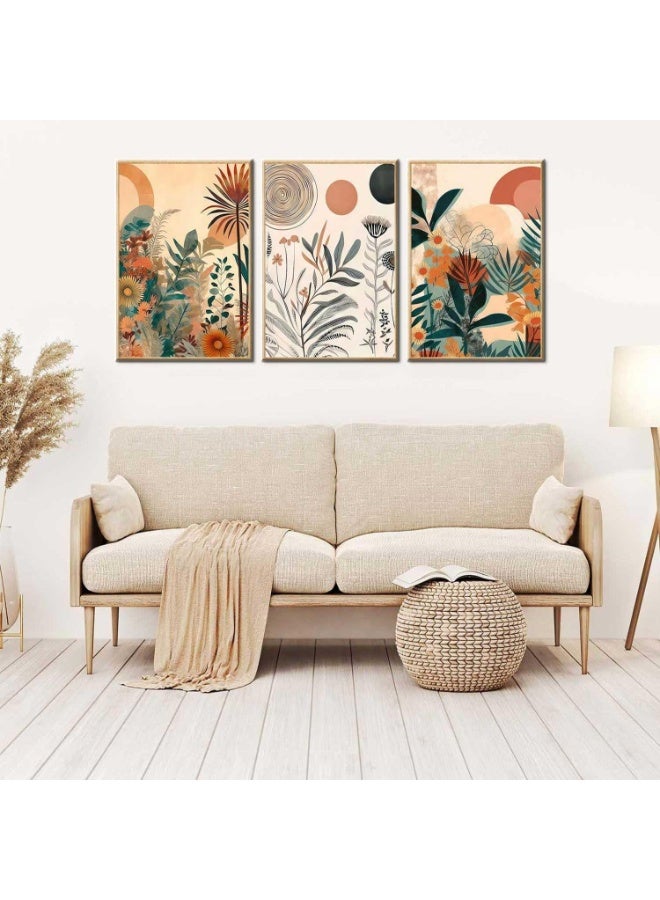 عربست لوحة فنية جدارية من بوهو، مطبوعات نباتية باللون البرتقالي المحروق، صور ديكور حائط، لوحات قماشية تجريدية زهرية لغرفة النوم والمكتب وتناول الطعام والمطبخ وديكور المنزل بدون إطار (3 قطع) - Image 1