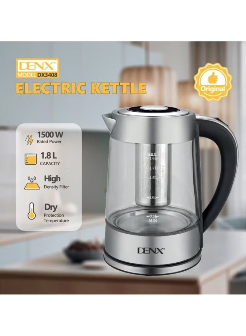 Denx 1.8L 1500W Glass Electric Kettle with Ocean Blue LED Light, Fast Boil, Auto Shut-Off & Boil-Dry Protection, Cordless 360° Base – Model DX3408 - Image 4