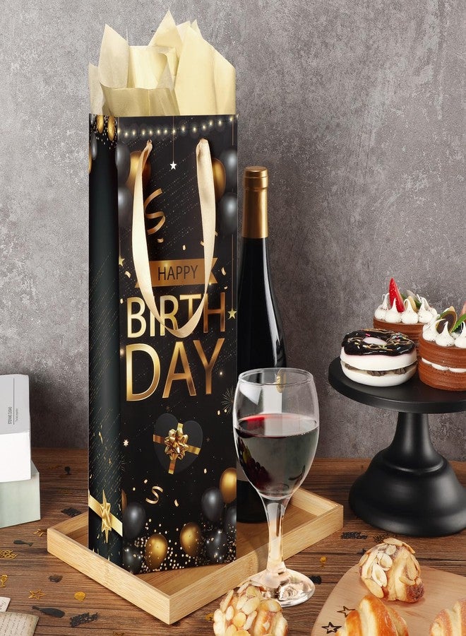 Wayyogh 1pcs Wine Birthday Gift Bag Gold Black Happy Birthday Party Favors Decorations, Bottle Liquor Gift Bag with Tissue Wrapping Paper Handle for Women Men Anniversary Party Gifts Supplies Decor - Image 2