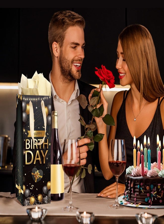 Wayyogh 1pcs Wine Birthday Gift Bag Gold Black Happy Birthday Party Favors Decorations, Bottle Liquor Gift Bag with Tissue Wrapping Paper Handle for Women Men Anniversary Party Gifts Supplies Decor - Image 4