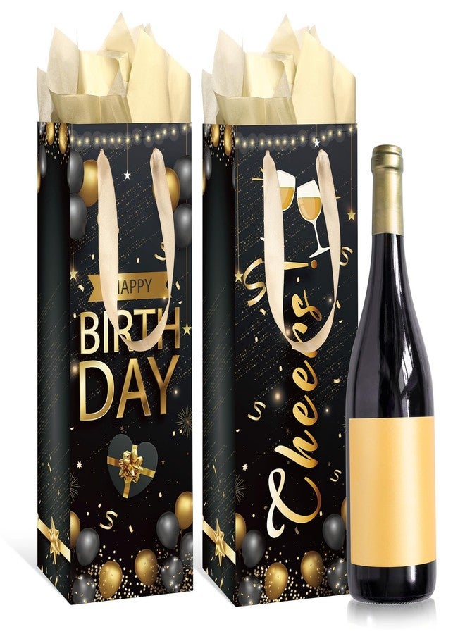 Wayyogh 1pcs Wine Birthday Gift Bag Gold Black Happy Birthday Party Favors Decorations, Bottle Liquor Gift Bag with Tissue Wrapping Paper Handle for Women Men Anniversary Party Gifts Supplies Decor - Image 1