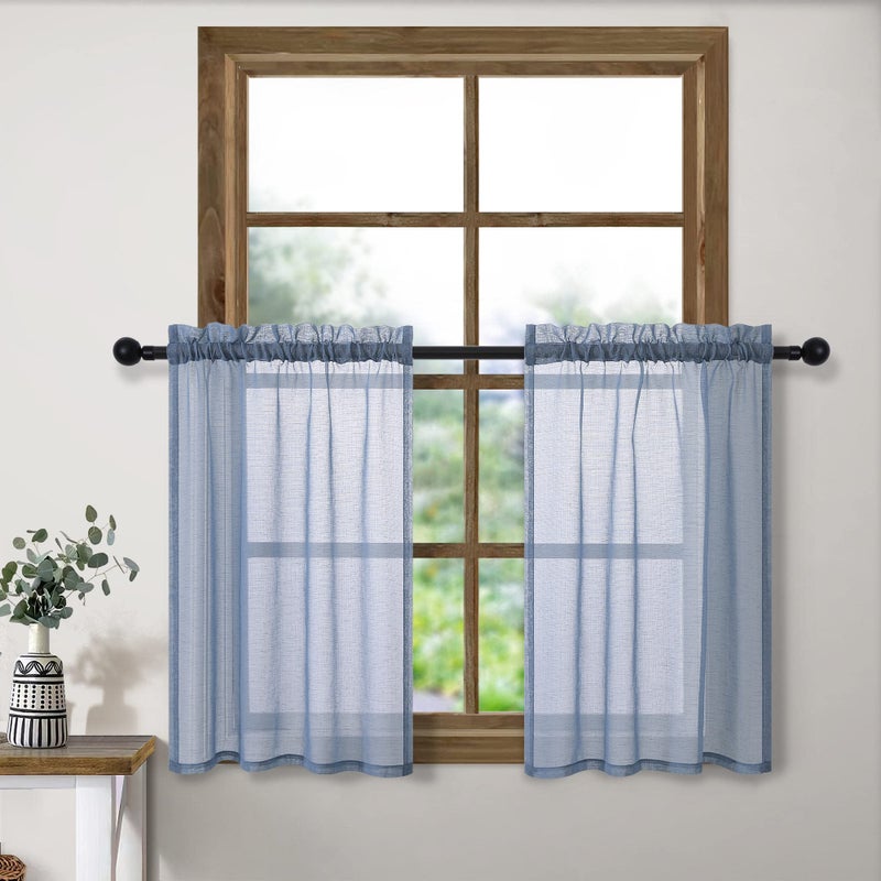 Pitalk Dusty Blue Short Curtains 30 Inch Length 2 Panels Rod Pocket Short Half Window Semi Sheer Linen Look RV Camper Cafe Cabinet Curtain Tiers for Loft Bathroom Small Windows 30x30 Square Gray Grey Blue - Image 4