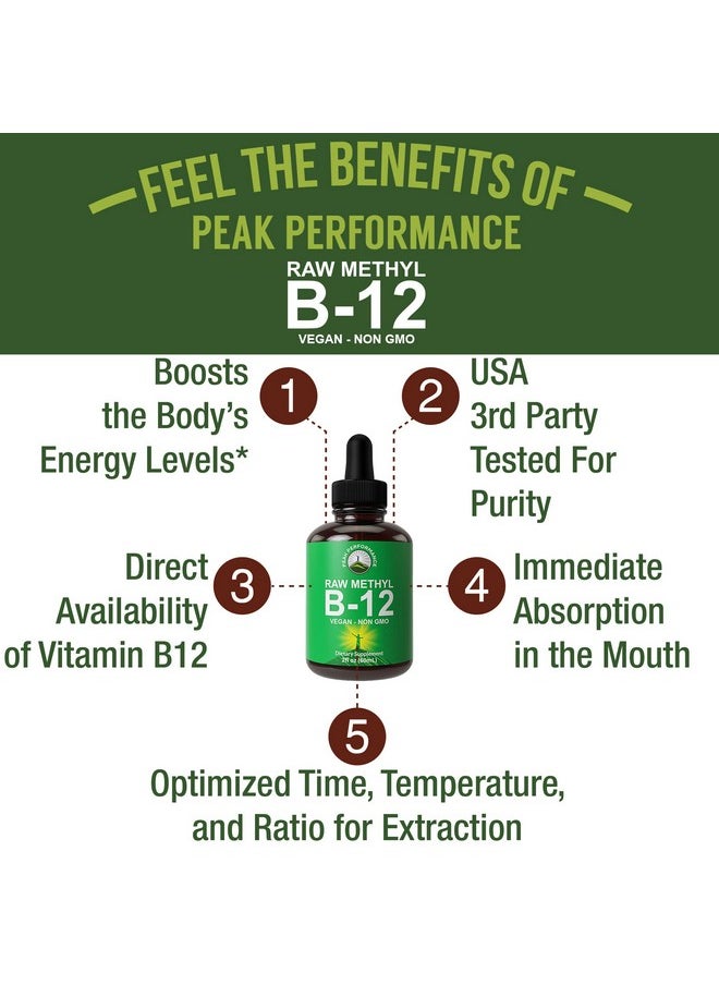 Peak Performance Raw Methyl B12 Liquid Drops. Sublingual Fast Acting Advanced Vegan B 12 Liquid Vitamin Supplement. High Bioavailability Methylcobalamin B12 Vitamins For Energy Focus And Relief. For Men + Women  - Image 4