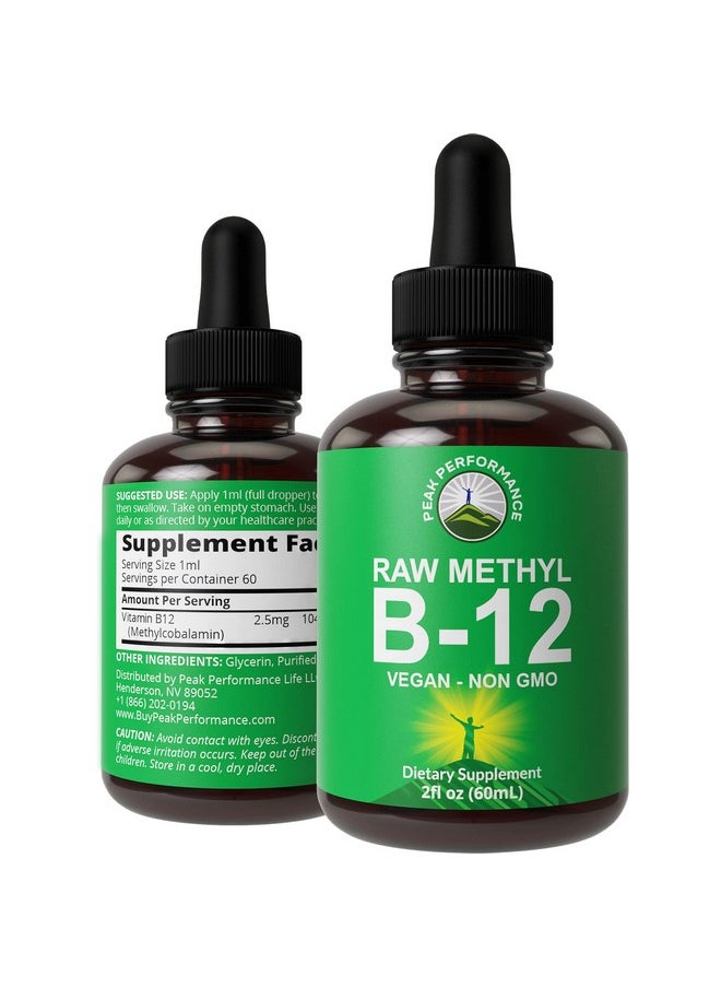 Peak Performance Raw Methyl B12 Liquid Drops. Sublingual Fast Acting Advanced Vegan B 12 Liquid Vitamin Supplement. High Bioavailability Methylcobalamin B12 Vitamins For Energy Focus And Relief. For Men + Women  - Image 2