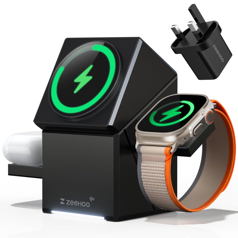 ZEEHOO محطة شحن ZEEHOO 3 في 1 متوافقة مع Magsafe، شاحن لاسلكي سريع Qi2 بقوة 15 واط، قاعدة شحن دوارة تلقائية لهواتف iPhone 16/15/14/13/12، AirPods، ساعة آبل (محول 30 واط متضمن)  - Image 1