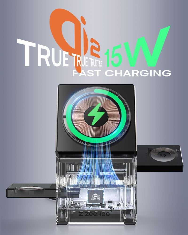 ZEEHOO محطة شحن ZEEHOO 3 في 1 متوافقة مع Magsafe، شاحن لاسلكي سريع Qi2 بقوة 15 واط، قاعدة شحن دوارة تلقائية لهواتف iPhone 16/15/14/13/12، AirPods، ساعة آبل (محول 30 واط متضمن)  - Image 2