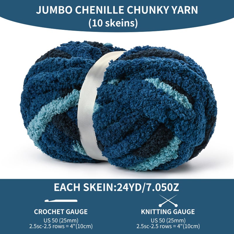 OMoiut 10 Pack Jumbo Chunky Yarn for Hand Knitting, Fluffy Variegated Chunky Chenille Yarn for Crocheting, 240yds/70.5oz Super Bulky Soft Crochet Baby Blanket Yarn(Tie Dye Blue) - Image 2