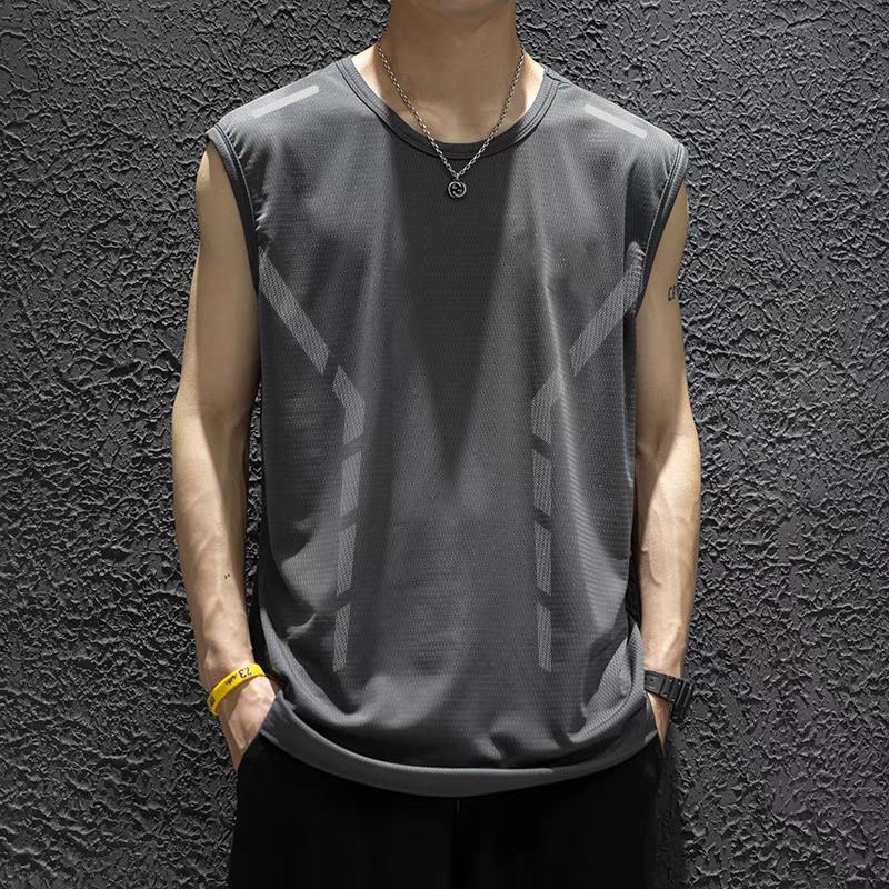 [fast delivery] vest mens quick-drying sleeveless T-shirt ice silk sports top loose running short sleeve training fitness Pure gray [side pole butterfly mesh vest] 