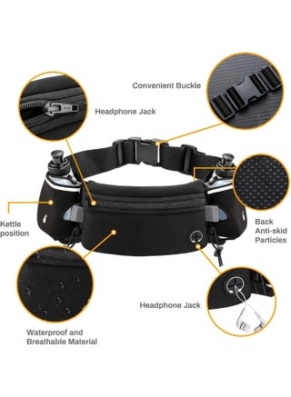 Hydration Belt Waterproof Waist Pack Bag Fits iPhones Adjustable Sports Waist Pouch for Marathon Running Hiking Cycling, Running Belt with Water Bottles(2 x 170ML), Black, M - view 2