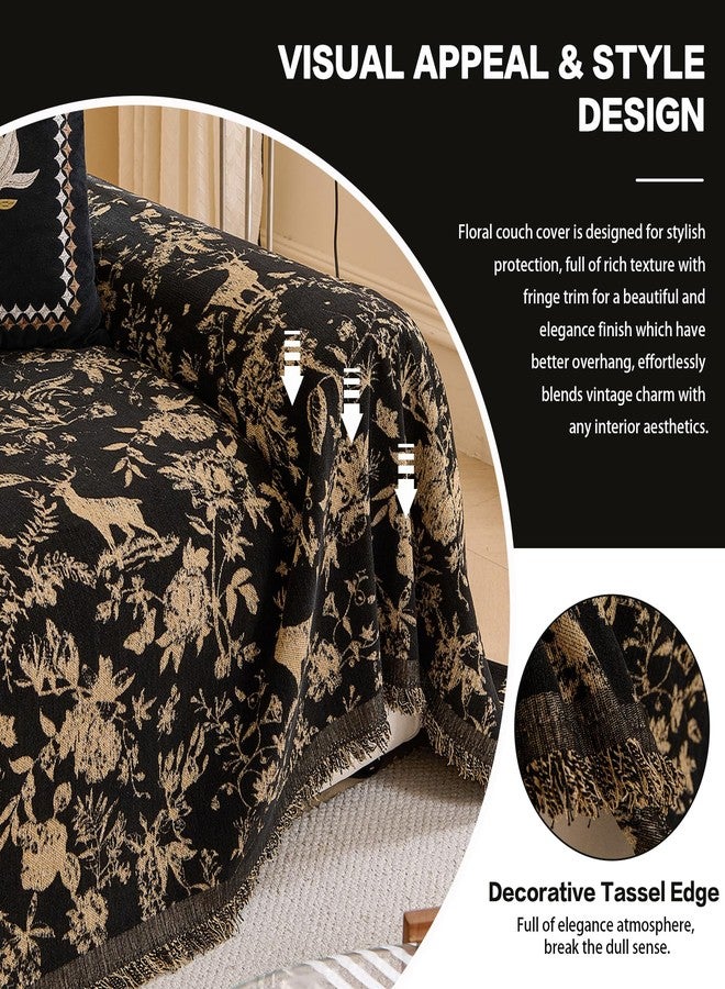 DREAMINGO Black Vintage Couch Cover Botanical Deer Jacquard Sofa Covers for 3 Cushion Couch Washable Chenille Furniture Protector Throw Slipcovers for 3 Seat Sectional Sofa, X-Large 71"x134" - Image 4