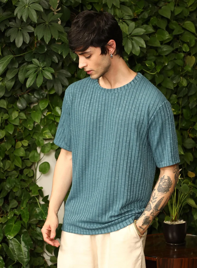 Campus Sutra Men's Ocean Blue Sugarcane-Ribbed Oversized T-Shirt