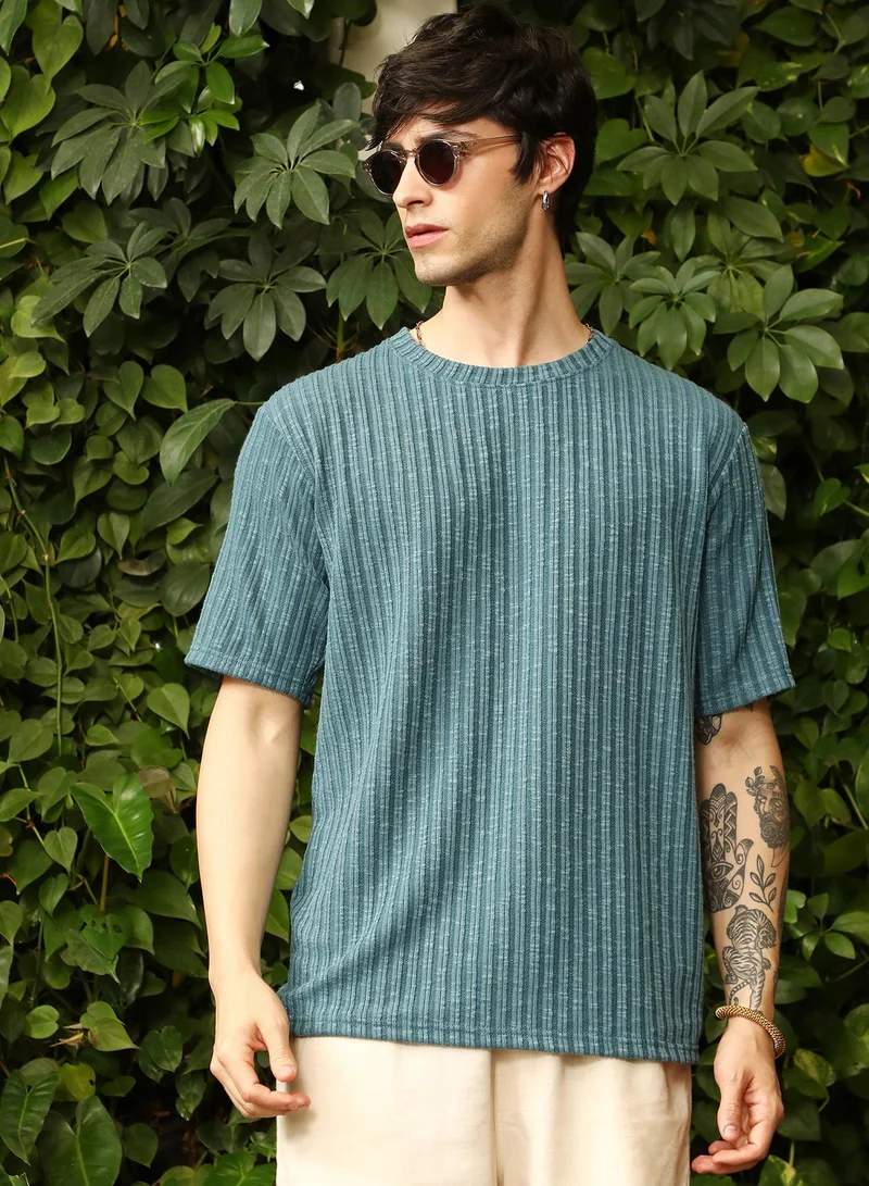 Campus Sutra Men's Ocean Blue Sugarcane-Ribbed Oversized T-Shirt