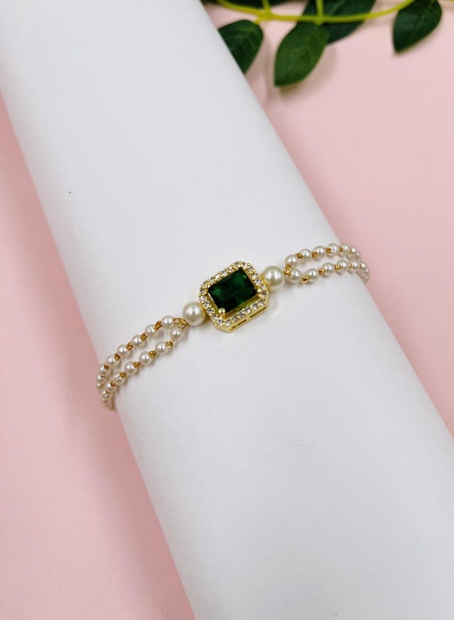 JHB Ruby Green Diamond Single Boll and Cubic Zirconia Pearl Bracelet For Women's and Girl's - Image 3