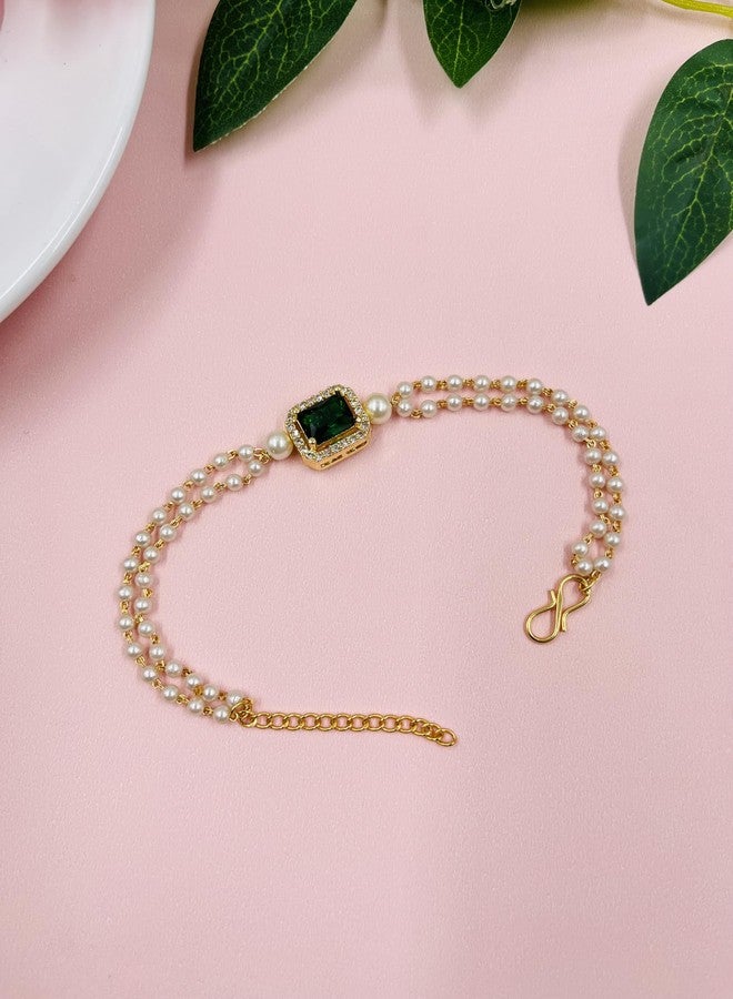 JHB Ruby Green Diamond Single Boll and Cubic Zirconia Pearl Bracelet For Women's and Girl's - Image 4