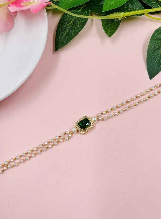 JHB Ruby Green Diamond Single Boll and Cubic Zirconia Pearl Bracelet For Women's and Girl's - Image 5