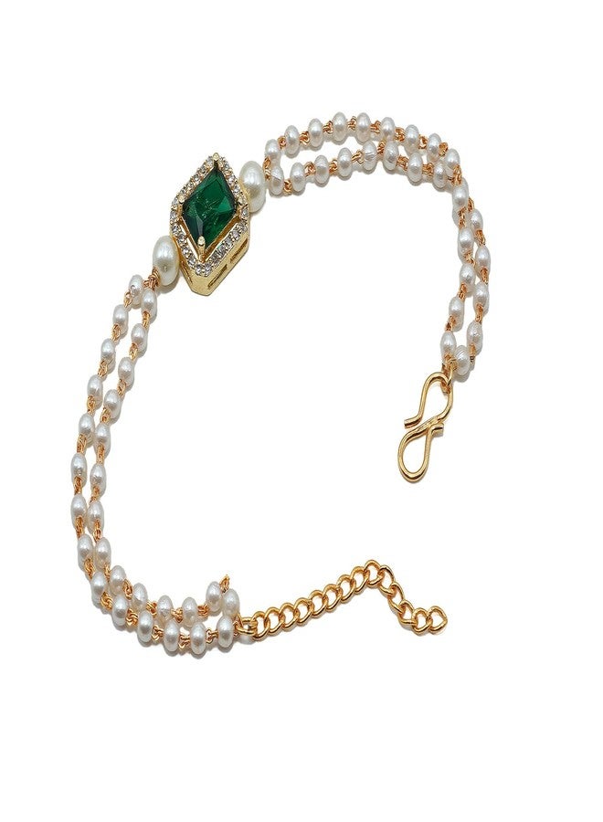 JHB Ruby Green Diamond Single Boll and Cubic Zirconia Pearl Bracelet For Women's and Girl's - Image 1