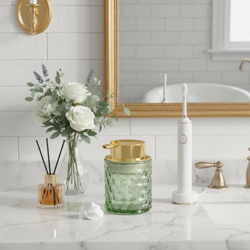 Fvstar 10 Oz Glass Hand Soap Dispenser with Pump, Refillable Bathroom Gold Foaming Soap Dispenser, Vintage Glass Diamond Lotion Container Bottle for Bathroom and Kitchen (1, Green and Gold) - Image 2