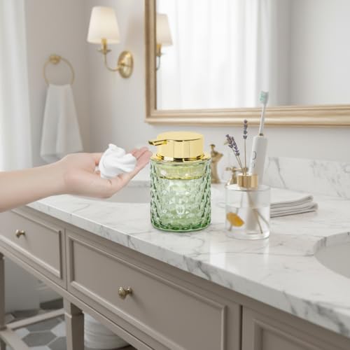 Fvstar 10 Oz Glass Hand Soap Dispenser with Pump, Refillable Bathroom Gold Foaming Soap Dispenser, Vintage Glass Diamond Lotion Container Bottle for Bathroom and Kitchen (1, Green and Gold) - Image 3