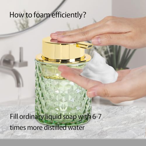 Fvstar 10 Oz Glass Hand Soap Dispenser with Pump, Refillable Bathroom Gold Foaming Soap Dispenser, Vintage Glass Diamond Lotion Container Bottle for Bathroom and Kitchen (1, Green and Gold) - Image 4