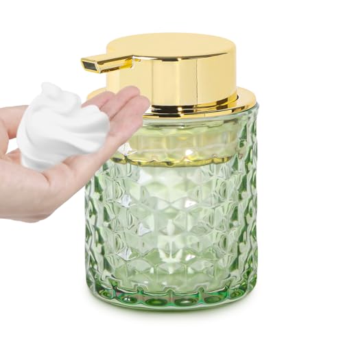 Fvstar 10 Oz Glass Hand Soap Dispenser with Pump, Refillable Bathroom Gold Foaming Soap Dispenser, Vintage Glass Diamond Lotion Container Bottle for Bathroom and Kitchen (1, Green and Gold) - Image 1