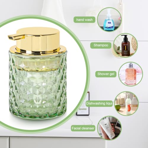 Fvstar 10 Oz Glass Hand Soap Dispenser with Pump, Refillable Bathroom Gold Foaming Soap Dispenser, Vintage Glass Diamond Lotion Container Bottle for Bathroom and Kitchen (1, Green and Gold) - Image 5