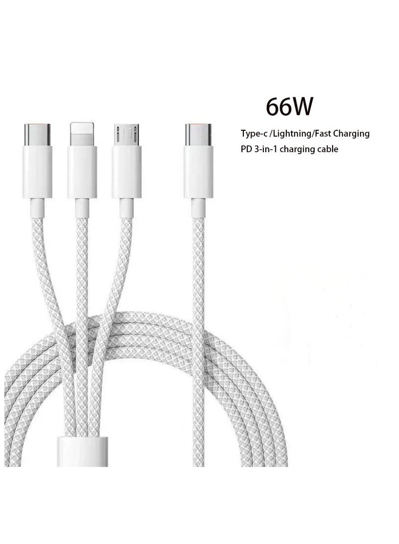دكينج كابل شحن سريع مضفر من النايلون 3 في 1 USB 1.5 متر ، يدعم الشحن فائق السرعة بقوة 66 واط ، ومناسب للهاتف المحمول من النوع c كابل شحن PD سريع الشحن - Image 1
