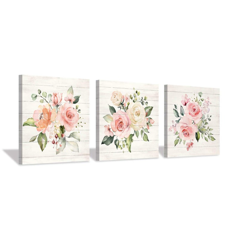 Hardy Gallery Pink Floral Canvas Wall Art: Roses Flowers Bouquet Pictures Artwork for Kitchen Bathrooms (12"x12"x3pcs) - Image 1