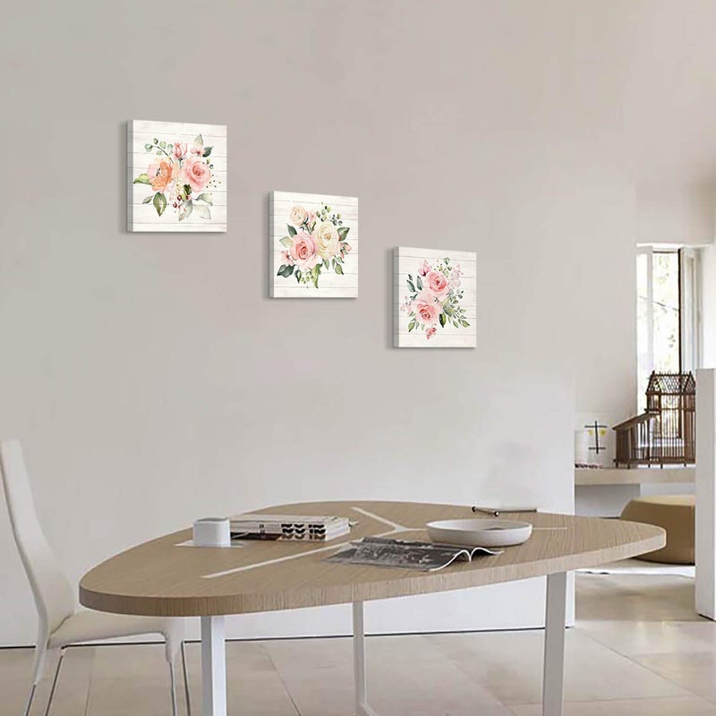 Hardy Gallery Pink Floral Canvas Wall Art: Roses Flowers Bouquet Pictures Artwork for Kitchen Bathrooms (12"x12"x3pcs) - Image 3